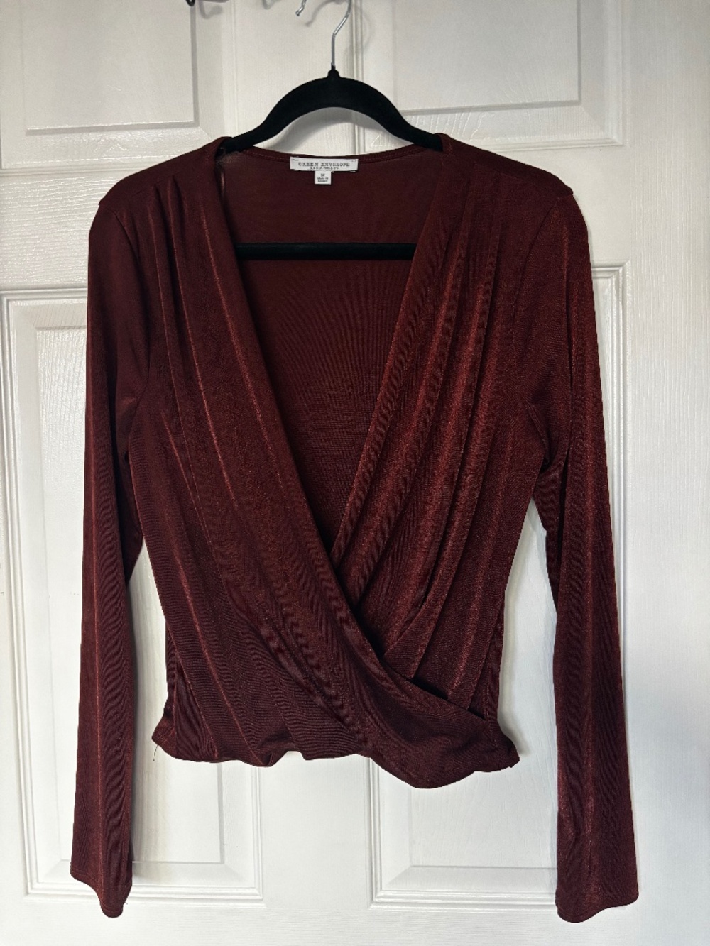 Green Envelope Surplice Wrap Top in Rich Burgundy/Wine Red Size M